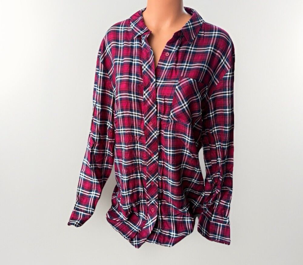 Threads 4 Thought Marlow Women's Plaid Button-Up Shirt Red Tunic Top Size L